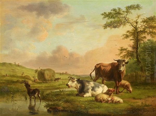 Landscape With Hay Harvest And Animals Oil Painting by Balthasar Paul Ommeganck