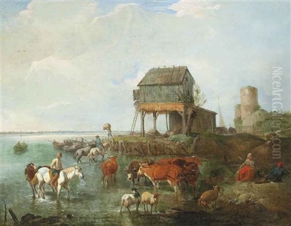 An Estuary With Drovers Watering Their Cattle And Fishermen Loading Their Boats Oil Painting by Balthasar Paul Ommeganck