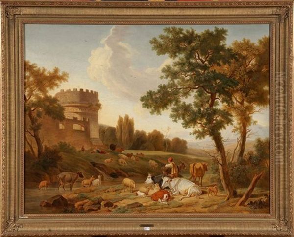 Jeunes Fermiers Et Leurs Animaux En Bord De Ruisseau by Balthasar Paul Ommeganck