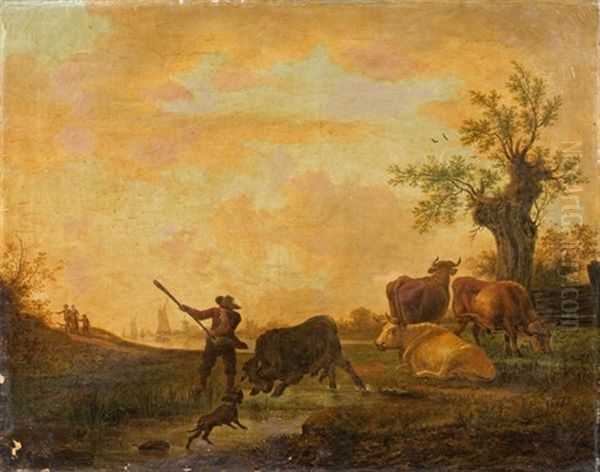 Paysage Avec Troupeau Et Taureau Furieux Oil Painting by Balthasar Paul Ommeganck