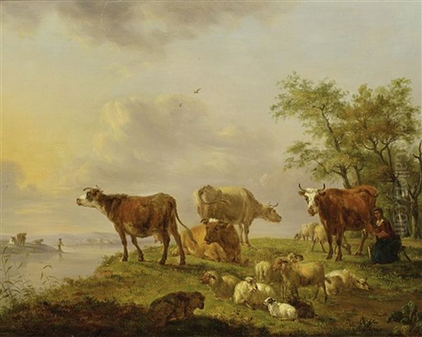 Bauerin Beim Melken Auf Weide Oil Painting by Balthasar Paul Ommeganck