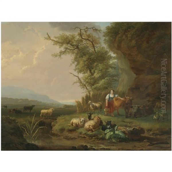 A Landscape At Sunset With A Milkmaid And Her Herd In The Foreground (collab. W/ Jan-hendrick Van Den Bosch) Oil Painting by Balthasar Paul Ommeganck