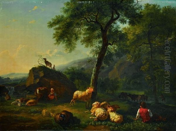 Rastender Hirte Im Vordergrund Und Hirtenpaar Mit Weidender Oil Painting by Balthasar Paul Ommeganck