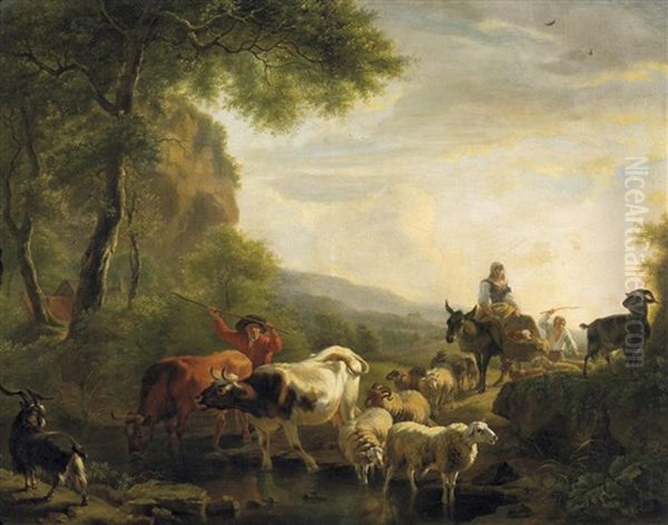 Abend In Der Campagna. An Einer Furt Am Waldrand Hirten Mit Ihrem Vieh Auf Dem Heimweg Oil Painting by Balthasar Paul Ommeganck