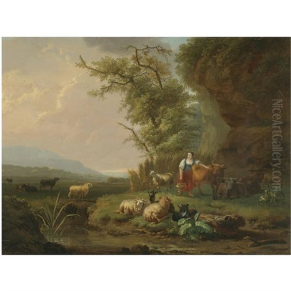 A Landscape At Sunset With A Milkmaid And Her Herd In The Foreground Oil Painting by Balthasar Paul Ommeganck