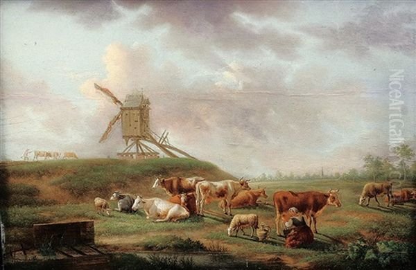 Bauerin Mit Kuhen Und Schafen Auf Einer Sommerlichern Wiese Oil Painting by Balthasar Paul Ommeganck