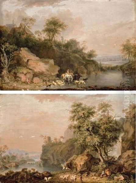 A Rocky River Landscape With Herdsmen (+ A Rocky River Landscape With Travellers; Pair) Oil Painting by Balthasar Paul Ommeganck