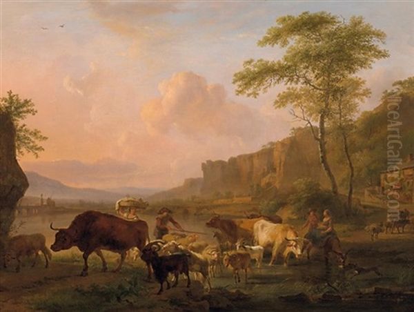 Der Viehtrieb. Hirten Und Landvolk An Einer Furt In Weitem Flustal Oil Painting by Balthasar Paul Ommeganck