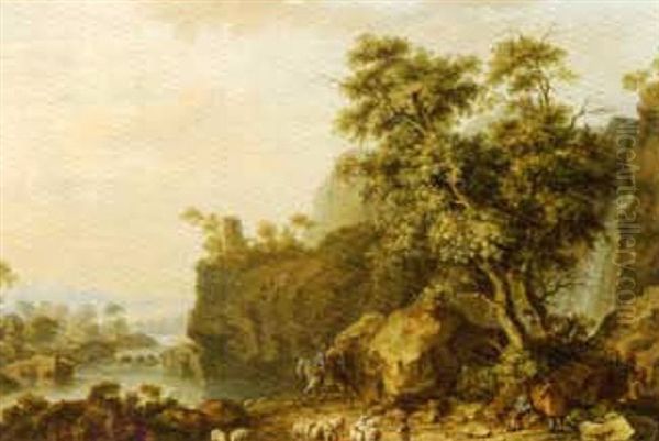 Troupeau Franchissant La Riviere (+ Paysage A La Riviere; 2 Works) Oil Painting by Balthasar Paul Ommeganck