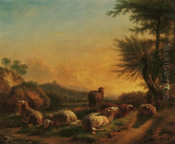 Weite Fluslandschaft Im Abendlicht. Vorn Ein Hirte Bei Seiner Schafherde Oil Painting by Balthasar Paul Ommeganck