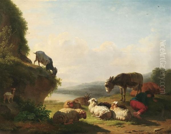 Schlafender Hirte Mit Ziegen, Schafen, Einer Kuh Und Einem Maultier Oil Painting by Balthasar Paul Ommeganck