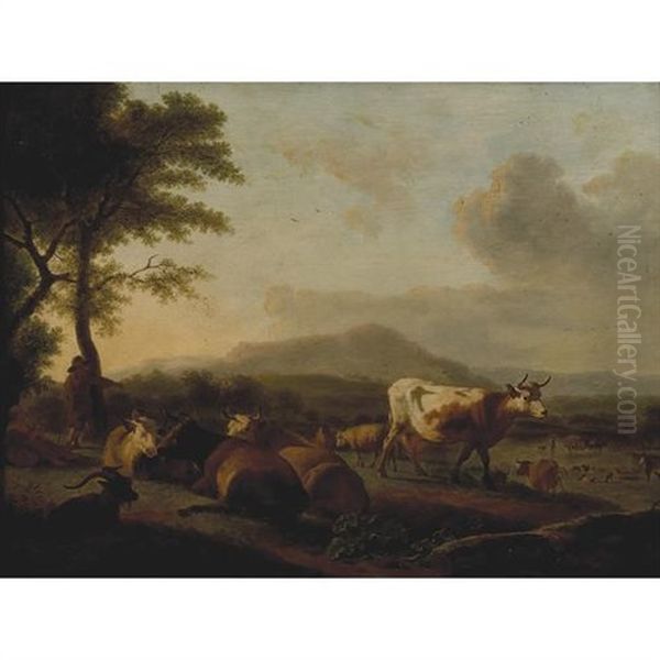 A Wooded Landscape With Cattle, Sheep And A Goat Grazing By A River Oil Painting by Balthasar Paul Ommeganck