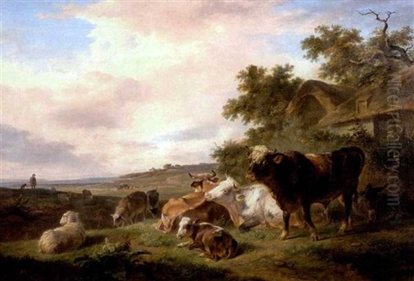 Lagernde Rinder Und Schafe Vor Einem Bauer Oil Painting by Balthasar Paul Ommeganck