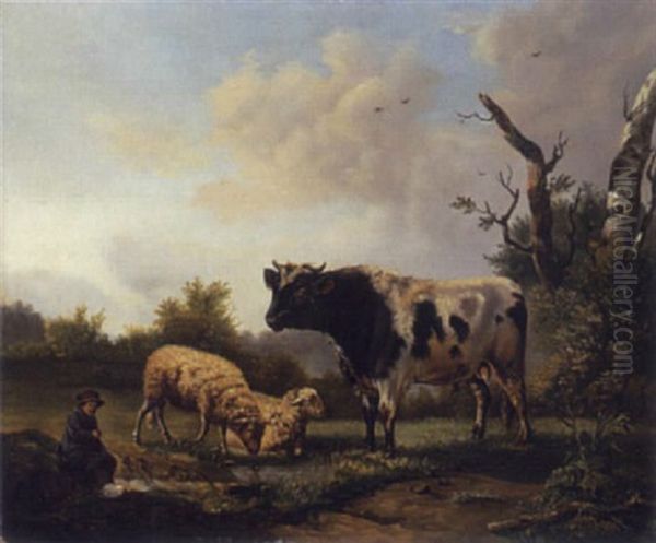 Stier Und Schafe In Wiesenlandschaft Oil Painting by Balthasar Paul Ommeganck