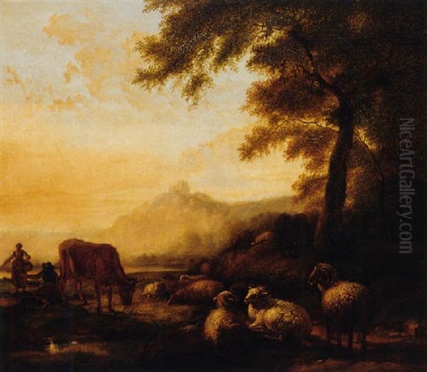 Herders Resting Their Livestock By A River At Dusk Oil Painting by Balthasar Paul Ommeganck