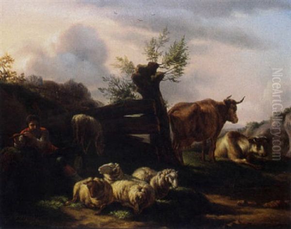 A Shepherd With His Cattle In A Landscape Oil Painting by Balthasar Paul Ommeganck