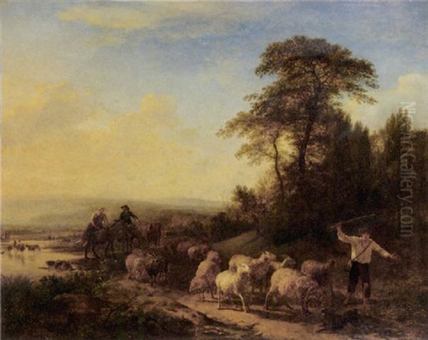 Shepherds Leading Their Flock On A Path In A Mountainous Landscape Oil Painting by Balthasar Paul Ommeganck