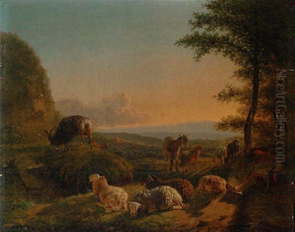 Schaf- Und Ziegenherde, Rechts Der Schlafende Huterbub Oil Painting by Balthasar Paul Ommeganck