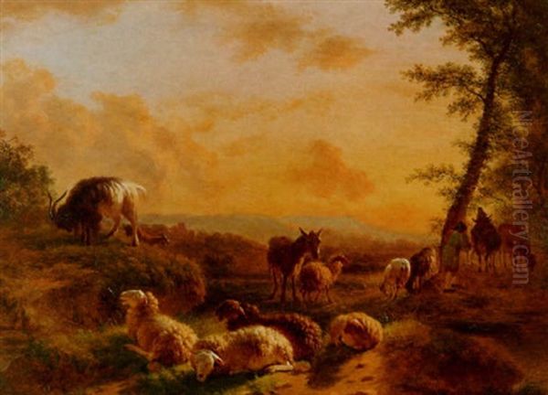 Hirte Mit Kuhen, Schafen, Ziegen Und Einem Maulesel In Der Abendsonne Oil Painting by Balthasar Paul Ommeganck