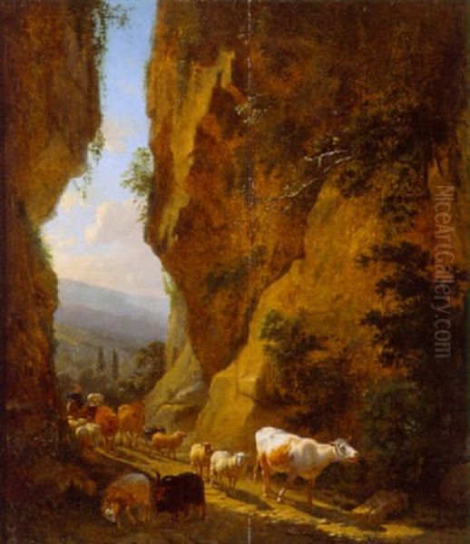 Scene Med Bonder, Der Driver Koer Og Far Gennem Et Bjergpas Oil Painting by Balthasar Paul Ommeganck