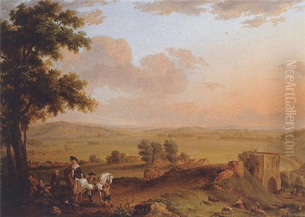 A Hunting Party And Beggars On A Road, An Extensive Valley Beyond by Balthasar Paul Ommeganck