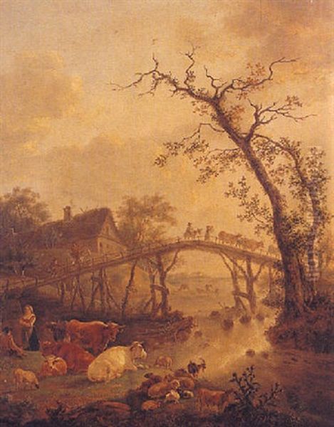 Bergers Et Troupeau Pres D'un Pont Oil Painting by Balthasar Paul Ommeganck