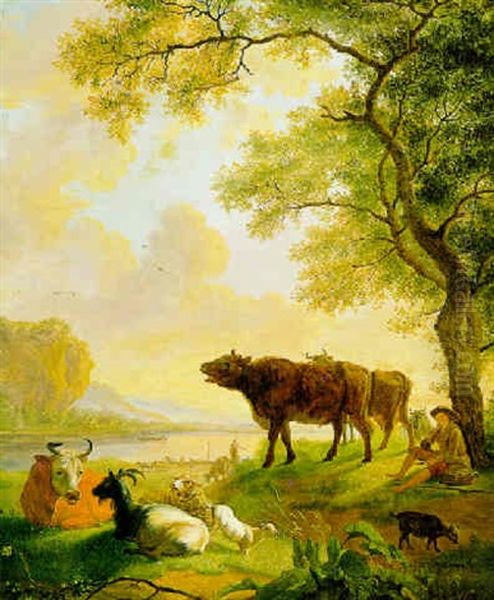 Landschap Met Vee En Herder Onder Een Boom Oil Painting by Balthasar Paul Ommeganck