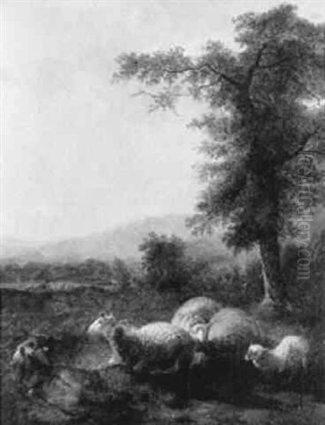 Sheep And A Goat In A Meadow, A Herdsman Beyond Oil Painting by Balthasar Paul Ommeganck