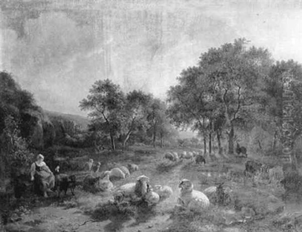 A Shepherdess And Flock In A Valley At Dusk Oil Painting by Balthasar Paul Ommeganck