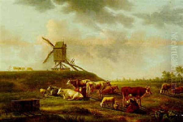 A Landscape With Cattle And Sheep Grazing Near A Windmill Oil Painting by Balthasar Paul Ommeganck