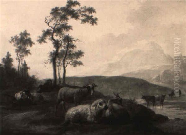 A River Landscape With Sheep And Goats On A Bank Oil Painting by Balthasar Paul Ommeganck