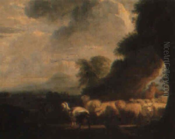 A Shepherd With Sheep And Goats Being Herded Through A Natural Arch Oil Painting by Balthasar Paul Ommeganck