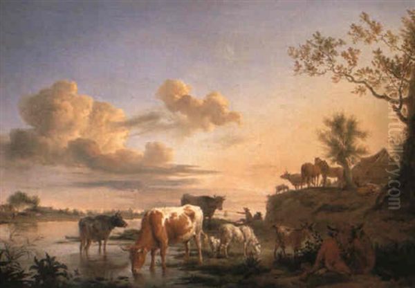 Cattle And Sheep On A Riverbank by Balthasar Paul Ommeganck