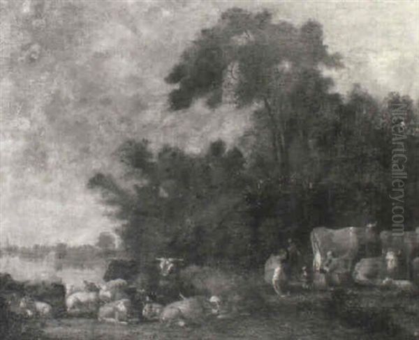 A Landscape With Cattle And Sheep Grazing On A River Bank Oil Painting by Balthasar Paul Ommeganck