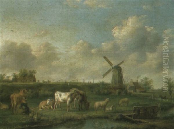 A River Landscape With A Milkmaid, Cattle And Sheep Near A Windmill Oil Painting by Balthasar Paul Ommeganck