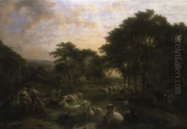 A Shepherd And Shepherdess With Sheep In Wooded Landscape Oil Painting by Balthasar Paul Ommeganck