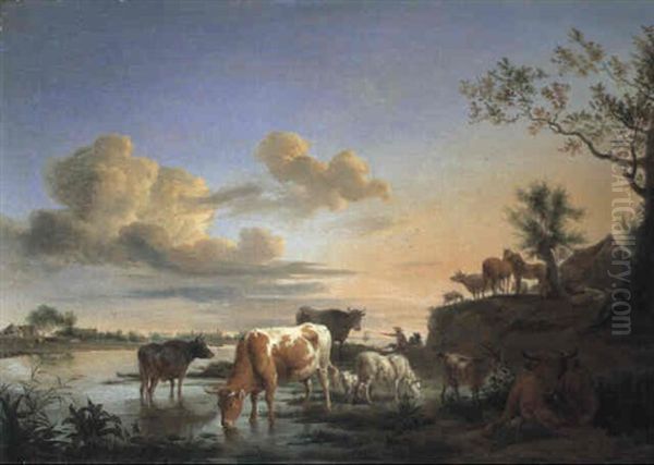 Cattle Watering With Other Domestic Animals On A River Bank Oil Painting by Balthasar Paul Ommeganck