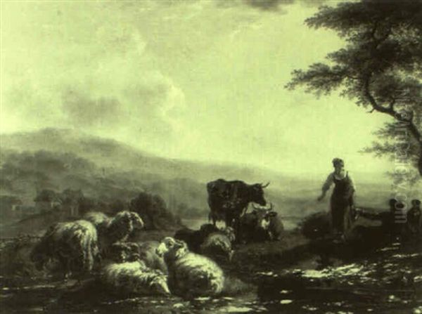 Peasants Resting With Cattle In A Sunlit Landscape Oil Painting by Balthasar Paul Ommeganck