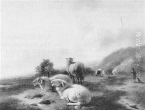 Sheep In A Landscape, A Drover Beyond Oil Painting by Balthasar Paul Ommeganck