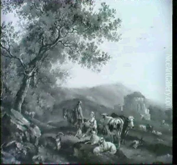 Hirtin Und Maultiertreiber In                               Weidelandschaft Oil Painting by Balthasar Paul Ommeganck