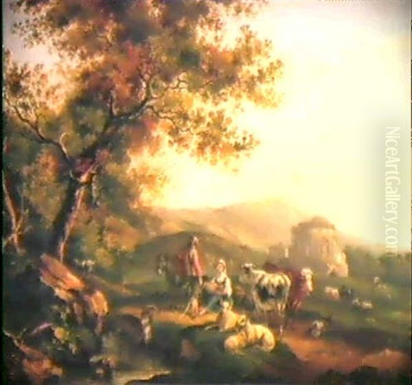 Hirtenpaar Mit Vieh In Einer Sudlichen Landschaft Oil Painting by Balthasar Paul Ommeganck