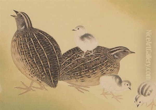 Spring Japanese Quail Oil Painting by Seiju Omoda