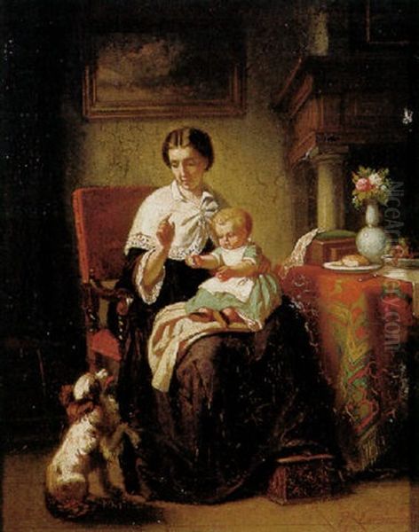 Mutter Mit Kleinkind Auf Dem Schos Zeigt, Wie Das Hundchen Mannchen Macht Oil Painting by Pieter Jan Onderberg