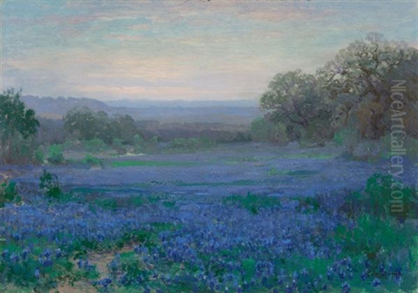 A Blue Bonnet Field - Evening Oil Painting by Julian Onderdonk