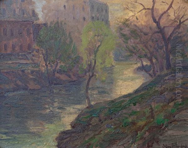 Early Morning On The San Antonio River At Mill Bridge Oil Painting by Julian Onderdonk