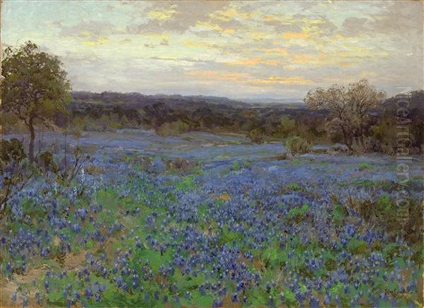 Field Of Bluebonnets At Sunset Oil Painting by Julian Onderdonk