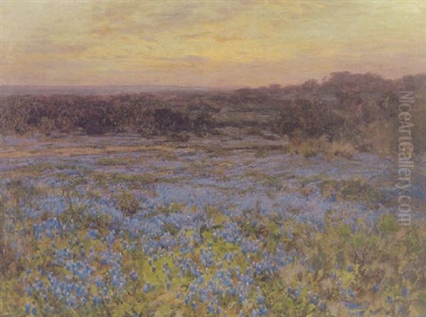 A Blue Bonnet Field At Sunset Near San Antonio, Tx Oil Painting by Julian Onderdonk