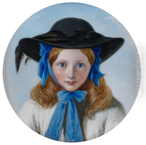 Girl With Blue Bow And Black Bonnet by Henry Nelson O'Neil