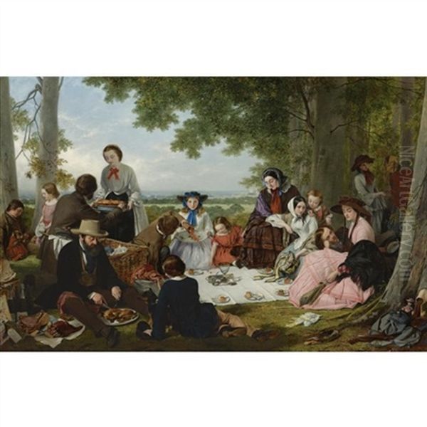 A Picnic Oil Painting by Henry Nelson O'Neil