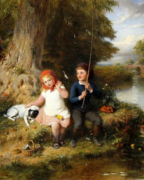 Don't Be Afraid, Children Fishing On A Riverbank Oil Painting by George Bernard O'Neill